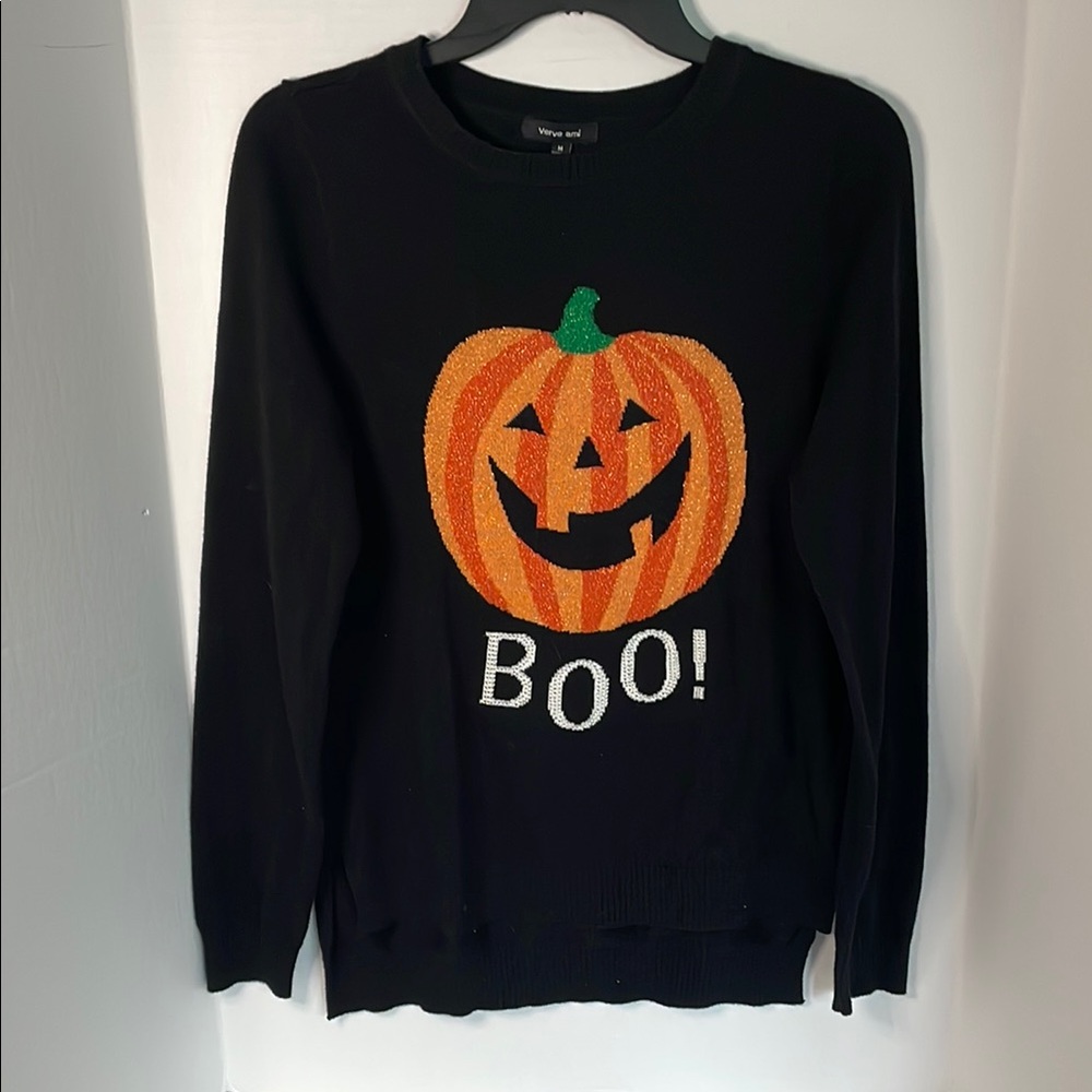 Verve Ami Black Halloween Sweater with Orange Pumpkin “Boo” ladies size M